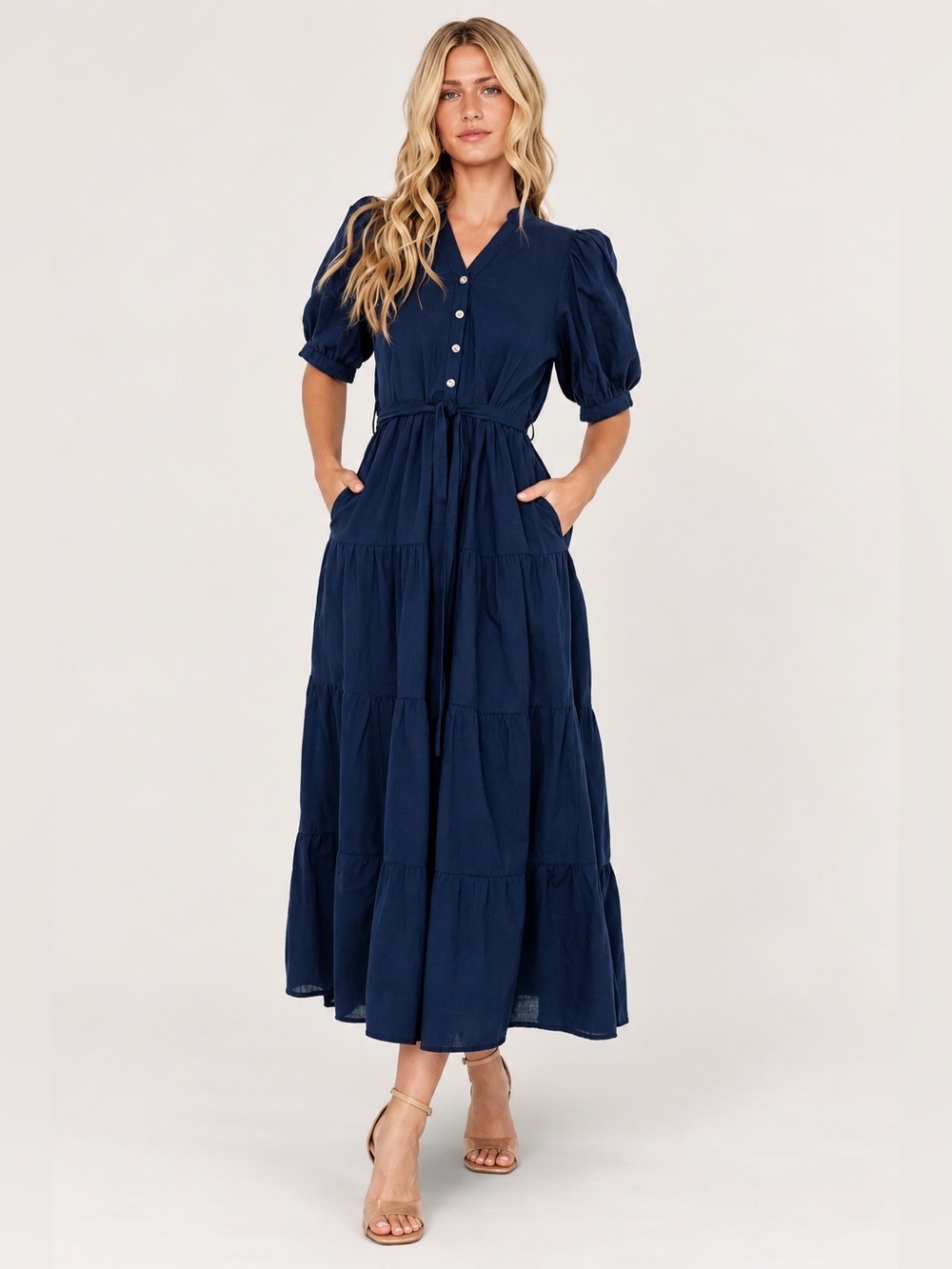 Baltic Born Camille Maxi Dress Navy Cotton Tiered Puff Sleeve Pockets L
